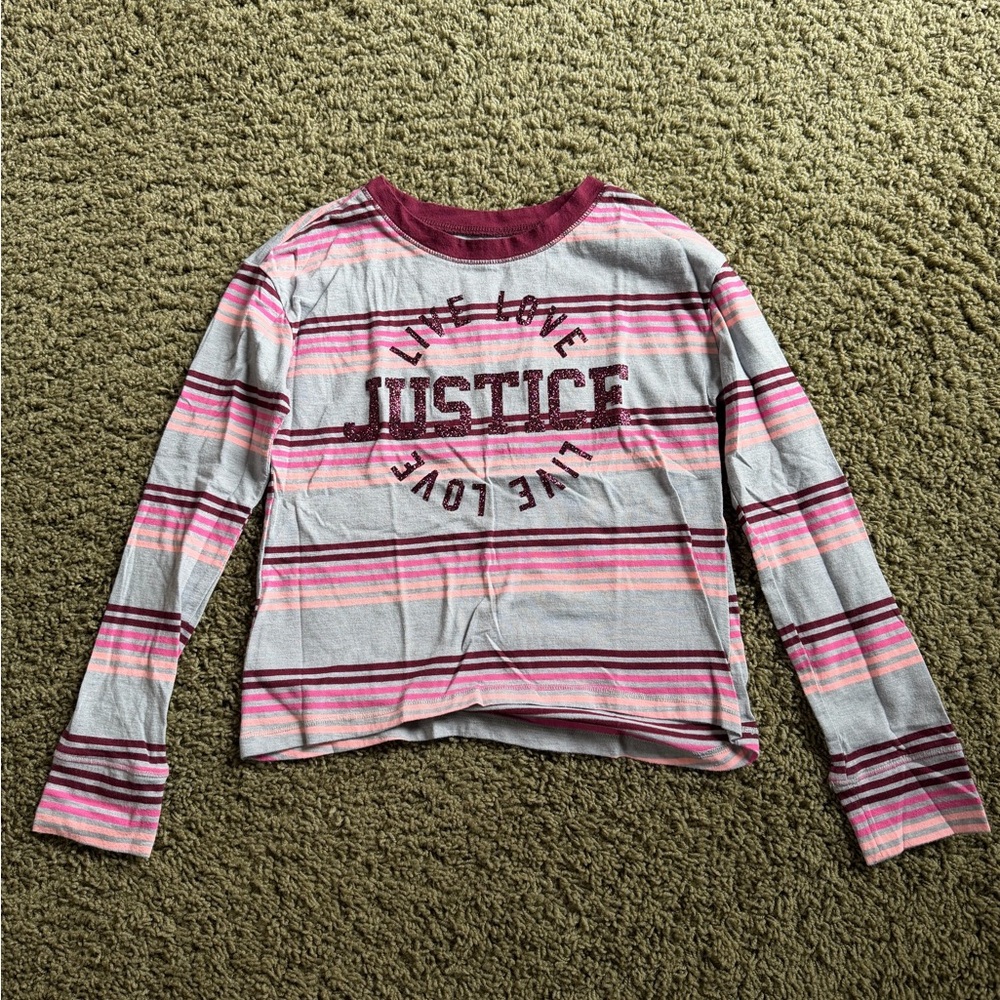 Justice Girls' Long-Sleeve Striped Graphic Tee in Pink and Burgundy